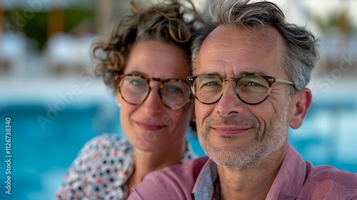 Middle-aged couple smiling warmly for a photo by a tropical resort pool, surrounded by lush greenery and palm trees.