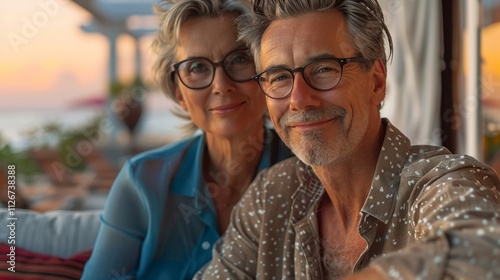 A relaxed couple standing side by side near the pool at a resort, enjoying the beauty of their exotic vacation location.