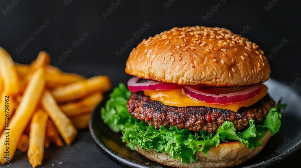 Classic Cheeseburger with Lettuce, Tomato, Onion, and Fries, Perfect Fast Food Meal