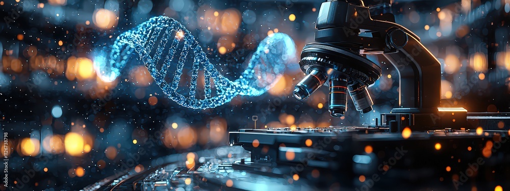 Photorealistic digital art of an advanced microscope in the foreground, with holographic blue and white double-helix DNA strands floating above it. Photorealistic digital art of an advanced microscope in the foreground, with holographic blue and white double-helix DNA strands floating above it.