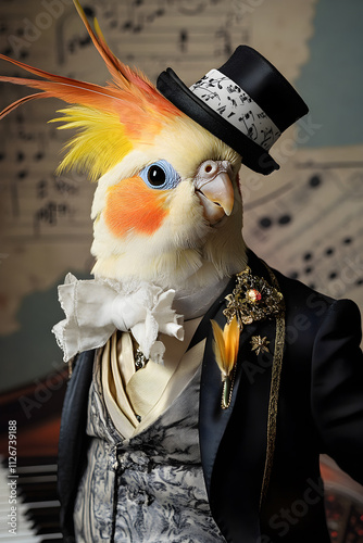 Musical Plumes: A Cockatiel's Elegant Performance in a Pianist's Tuxedo and Hat photo