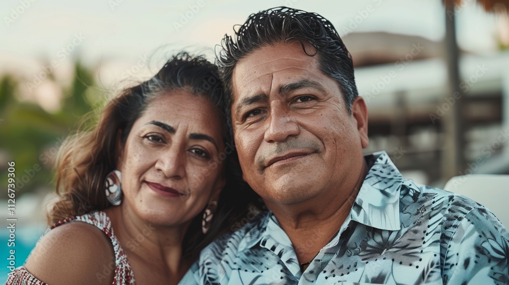 Man and woman standing happily by the resort pool, surrounded by the vibrant greenery of a tropical paradise. Man and woman standing happily by the resort pool, surrounded by the vibrant greenery of a tropical paradise.