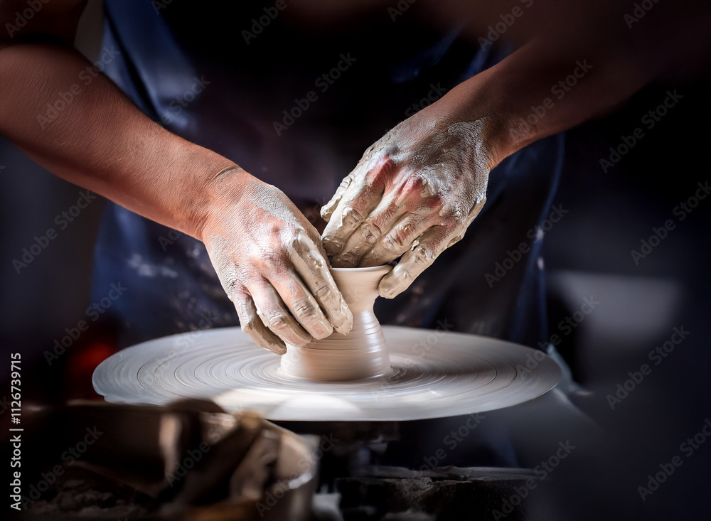 Close-up of hands shaping clay on a pottery wheel, the process of creation highlighted by the interplay of light and shadow in a dimly lit workshop.