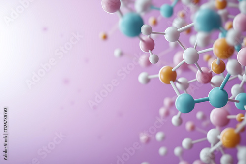 Colorful organic molecules dynamic arrangement against soft purple background, showcasing blend of blue, pink, white, and yellow spheres. This vibrant composition evokes sense of scientific photo