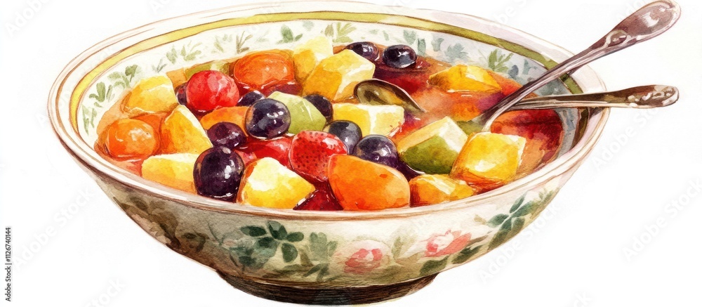A family-style bowl of fruit soup with large spoonfuls of mixed fruits and a ladle on the side A family-style bowl of fruit soup with large spoonfuls of mixed fruits and a ladle on the side