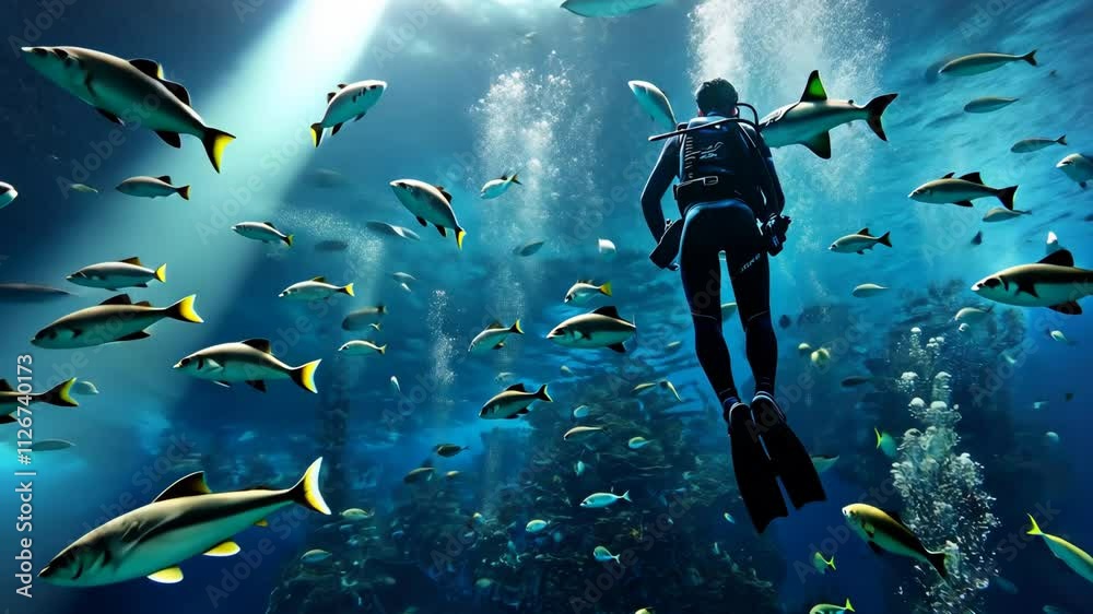 Diver explores underwater world filled marine life. Schools of fish swim around. Scuba diving in sea, ocean exploration. Man swim under water. Aquatic adventure. Person training to dive deep.