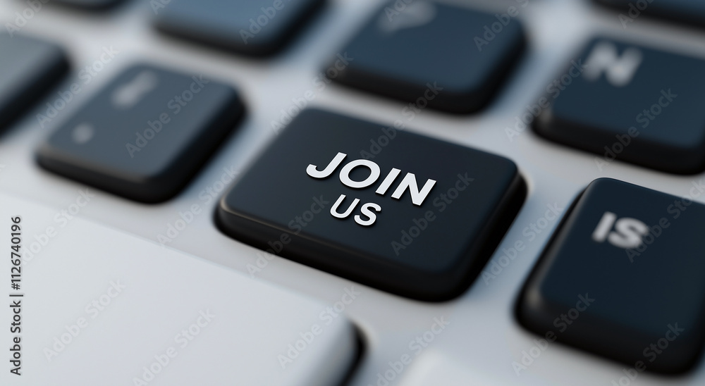 Join us button on keyboard, symbolizing community and engagement. This close up image highlights importance of connection in digital age Join us button on keyboard, symbolizing community and engagement. This close up image highlights importance of connection in digital age