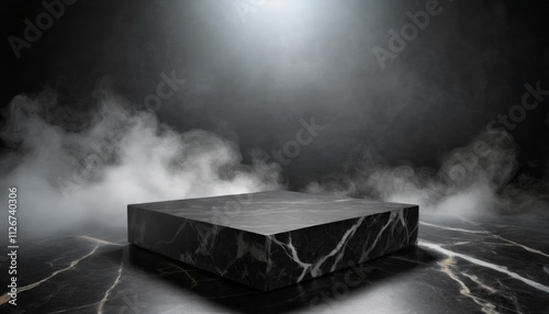 Stunning Empty Black Marble Table Podium Set Against a Black Stone Floor in a Dark Room Filled with Ethereal Smoke A HighQuality Visual Experience Capturing Elegance and Mystery photo