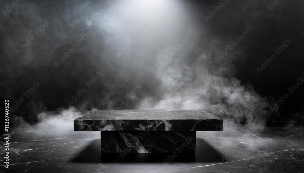 Stunning Empty Black Marble Table Podium Set Against a Dark Room with Black Stone Floor and Ethereal Smoke, Capturing a Mysterious Atmosphere in HighQuality Imagery Stunning Empty Black Marble Table Podium Set Against a Dark Room with Black Stone Floor and Ethereal Smoke, Capturing a Mysterious Atmosphere in HighQuality Imagery