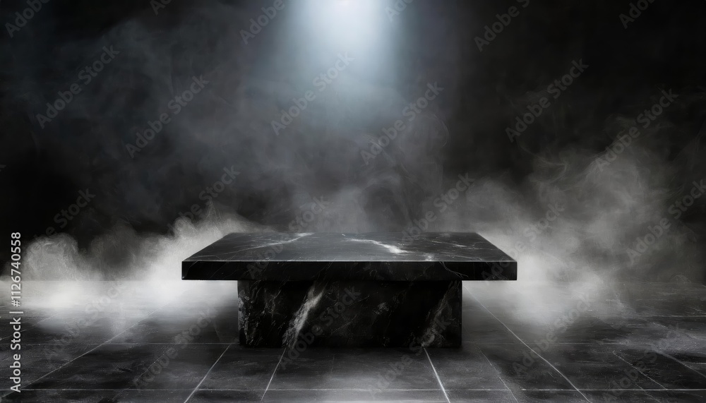 Elegant Empty Black Marble Table Podium Set Against a Black Stone Floor in a Dark Room with Enigmatic Smoke HighQuality Visual for Atmospheric and Dramatic Settings Elegant Empty Black Marble Table Podium Set Against a Black Stone Floor in a Dark Room with Enigmatic Smoke HighQuality Visual for Atmospheric and Dramatic Settings