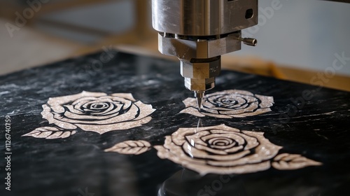 CNC machine precisely carving rose design onto black marble. photo