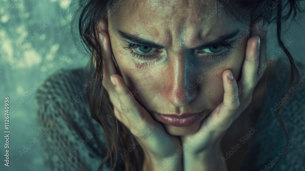 Dark emotional portrait with mysterious smile and intense gaze. Atmospheric photography featuring dramatic lighting, teal tones and intimate close-up of woman's face framed by hands Dark emotional portrait with mysterious smile and intense gaze. Atmospheric photography featuring dramatic lighting, teal tones and intimate close-up of woman's face framed by hands