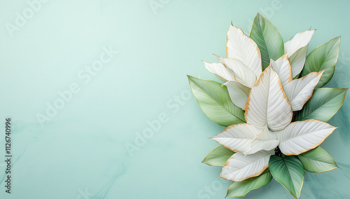 bouquet of white and green leaves arranged beautifully on soft mint background, creating serene and fresh atmosphere