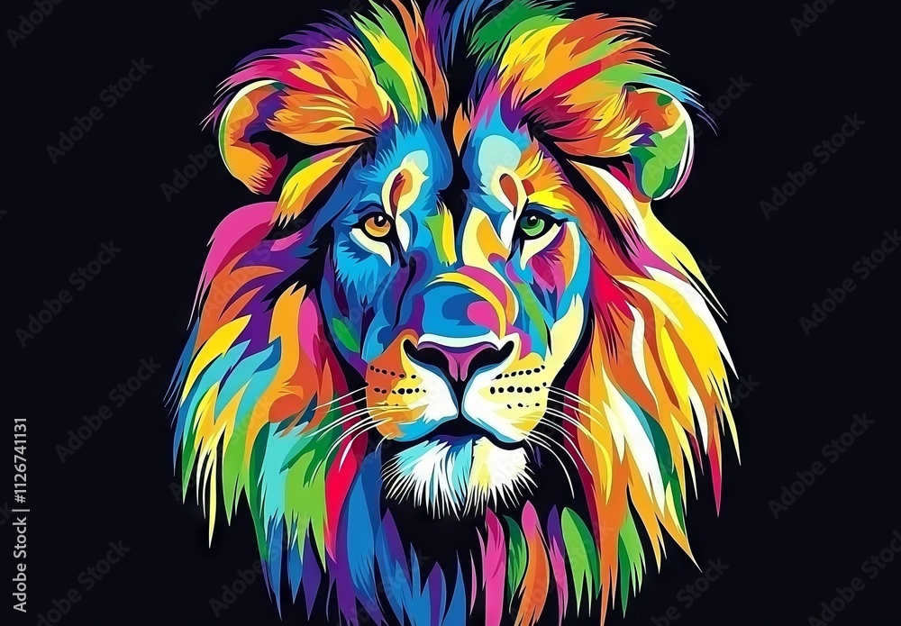 An abstract, multi-colored lion head profile emerges from a flame, set against a black backdrop. An abstract, multi-colored lion head profile emerges from a flame, set against a black backdrop.