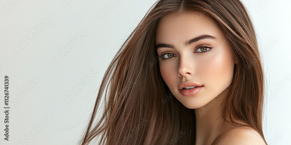Naklejka premium Stunning model girl showcasing shiny brown, straight long hair. Experience the benefits of keratin straightening with effective treatment, care, and spa procedures for a smooth hairstyle.