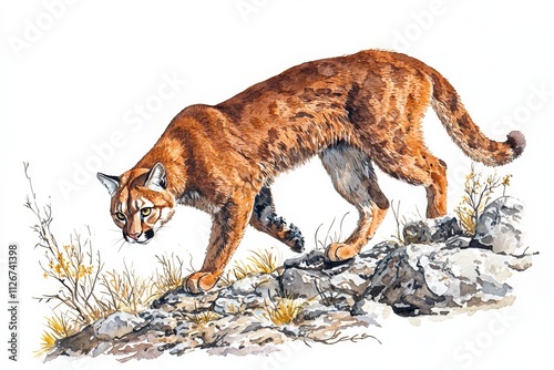 A Florida panther illustrated in a colorful watercolor style. Stock. photo