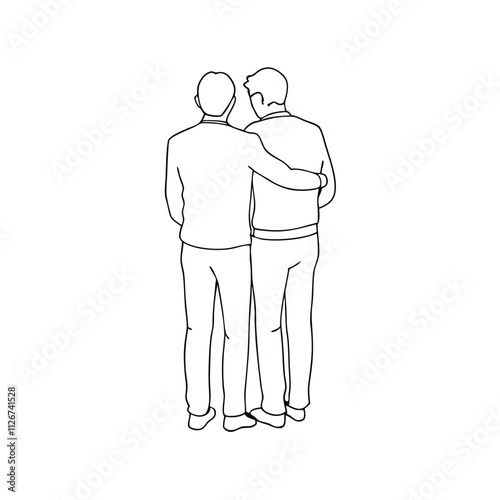 a line drawing of two men standing back to back with their arms around each other