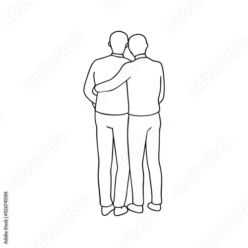 a line drawing of two men standing back to back with their arms around each other