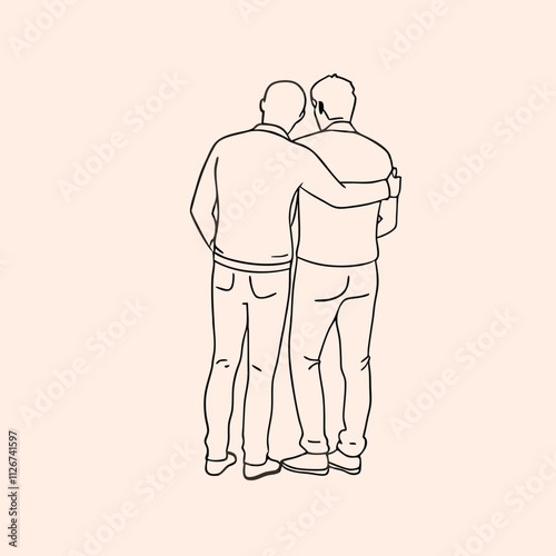 a line drawing of two men standing back to back with their arms around each other