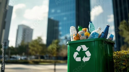 Close up of green commercial recycling container