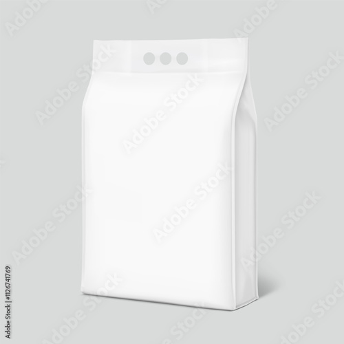 Packaging bag with a finger handle mockup. Vector illustration isolated on grey background. Half side view. Perfect for presentation laundry, chemical products, litter and etc. EPS10.	