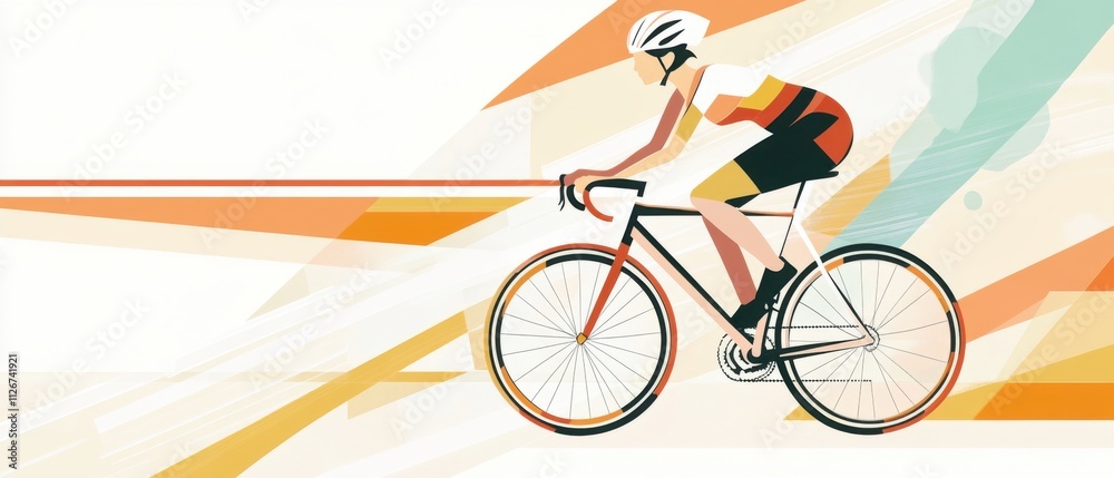 Fototapeta premium Dynamic Female Cyclist Riding Road Bike, Abstract Geometric Background