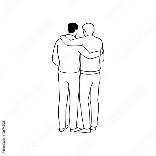 a line drawing of two men standing back to back with their arms around each other