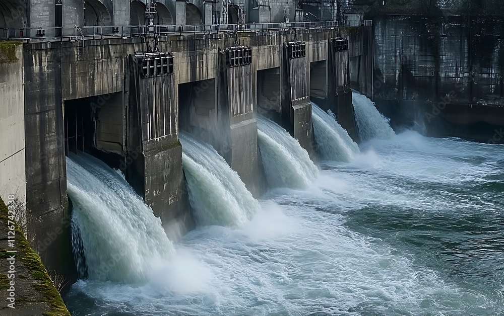 A concrete dam with multiple sluice gates open releasing a torrent of water. A concrete dam with multiple sluice gates open releasing a torrent of water.