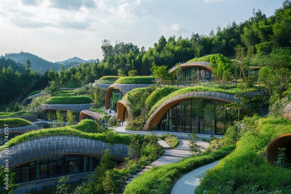Fototapeta premium Innovative factory with zero carbon emissions blending into a lush green landscape