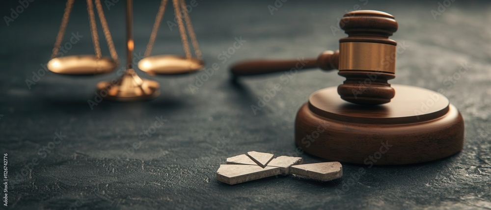 Legal disputes, broken scale and split gavel on dark surface, 3D illustration Legal disputes, broken scale and split gavel on dark surface, 3D illustration