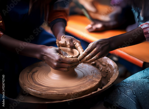 Close-up of hands shaping clay on a pottery wheel, showcasing the collaborative process of pottery making and the artistry of handcrafts.  A student learns the craft from an experienced potter. photo