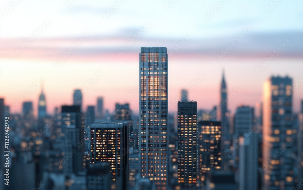 Fototapeta premium Urban skyline at sunset, bustling streets and illuminated landmarks, 3D illustration