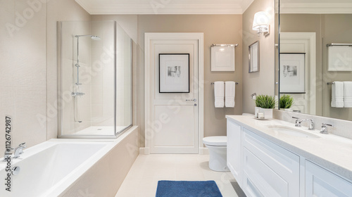 Wallpaper Mural Large comfort Luxury Bathroom with Shower, Toilet and navy blue accent Torontodigital.ca