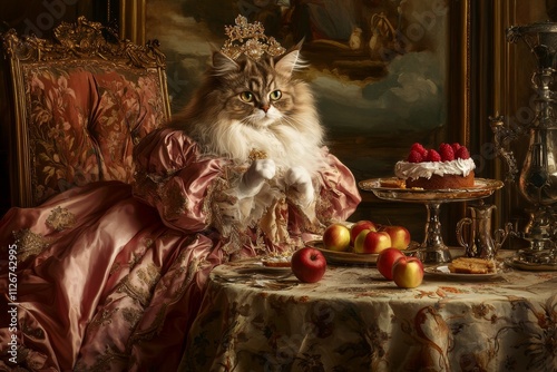 A majestic Persian cat, adorned in a historical costume, graces a lavish tea party, creating a humorous animal scene, all brought to life by generative AI.