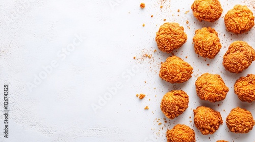 Overhead view of golden fried chicken with crisp coating and soft juicy interior photo