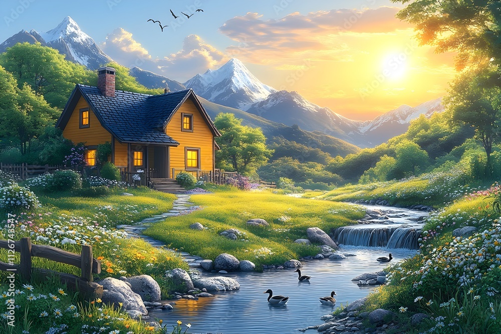 Fototapeta premium illustration of beautiful landscapes with mountains and lakes in watercolor, aquarelle look pencil art Countryside village landscape with church and houses illustration, design, vector, nature, travel