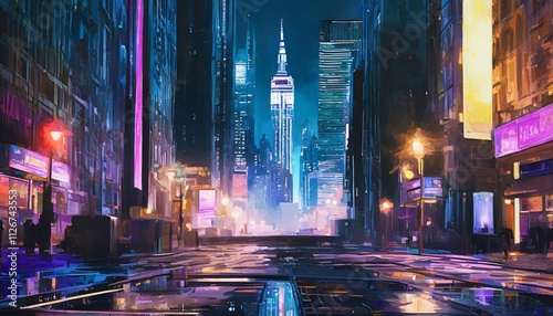 Empty Times Square A Futuristic Cyberpunk Vision of New York City at Night, Where Neon Lights Illuminate Abandoned Streets and Technology Blends with Urban Decay