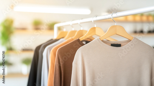 Soft sweaters hanging on wooden hangers in modern retail space, showcasing variety of colors including beige, gray, and brown. warm atmosphere invites shoppers to explore photo