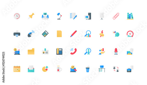 Office work, stationery of workplace, paperwork of businessman and secretary color icon set. Folders and archive, paper document and meeting, telephone and briefcase flat elements vector illustration