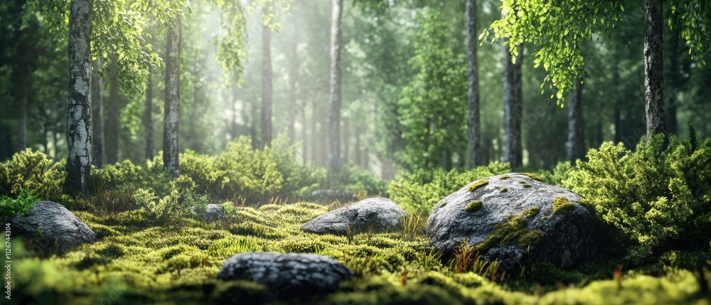 Fototapeta premium Serene Mossy Forest Landscape with Sunlight Streaming Through Trees