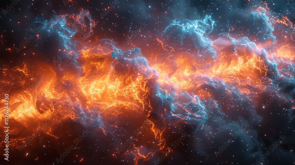 Fototapeta premium Fiery Cosmic Clouds. Abstract Space Background With Nebula, Star Clusters, Galaxy. 3D Illustration