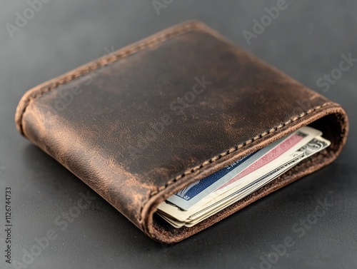 A wallet with cash and cards peeking out, isolated on a dark gray background, practical and sleek photo