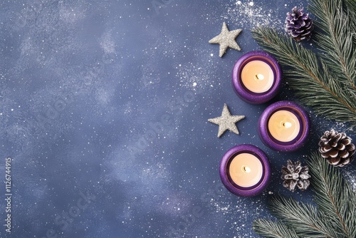 Glittery Purple Candles with Warm Glow in Festive Winter Setting photo