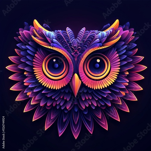 An abstract portrait of a neon-illustrated owl, highlighted by vivid lights on a black background. The image showcases bright colors and a colorful animal concept, intended for stock illustration. photo