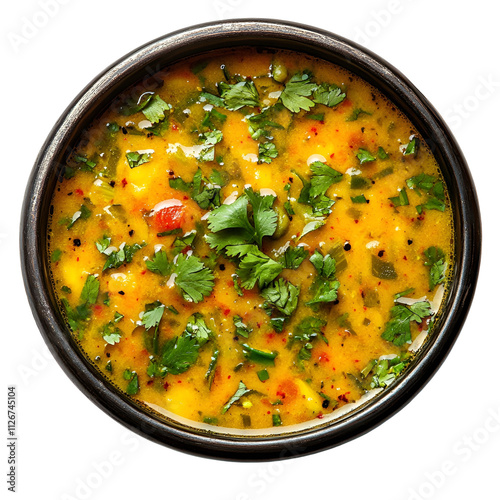 Top view of an extremely perfect looking Lauki (Bottle Gourd) Soup in a dark metal bowl isolated on a white transparent background photo