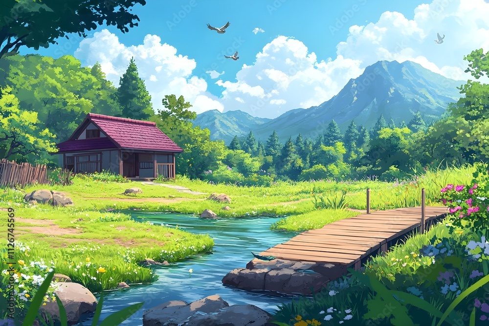 Naklejka premium illustration of beautiful landscapes with mountains and lakes in watercolor, aquarelle look pencil art Countryside village landscape with church and houses illustration, design, vector, nature, travel