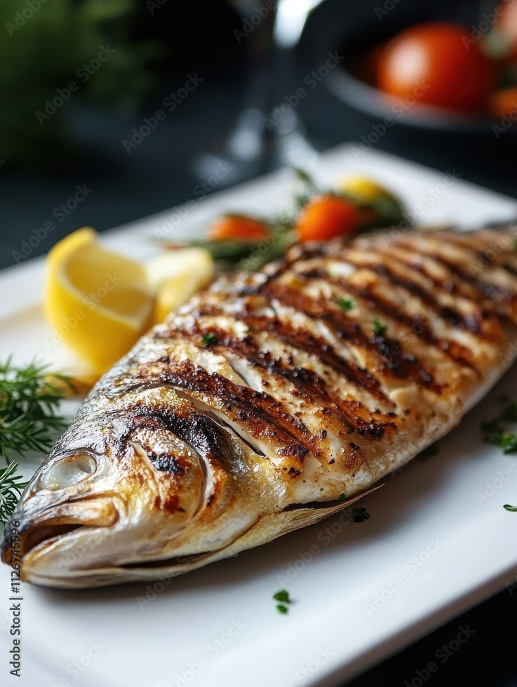 Grilled fish served on a white plate with lemon and herbs, showcasing a delicious meal. Grilled fish served on a white plate with lemon and herbs, showcasing a delicious meal.