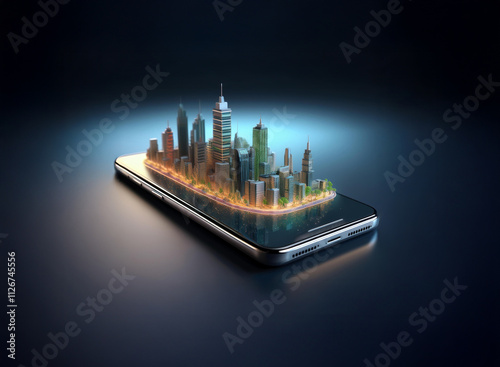 A futuristic cityscape miniature sits atop a sleek smartphone, illuminated with warm light against a dark background.  The scene evokes themes of mobile technology and urban development. photo