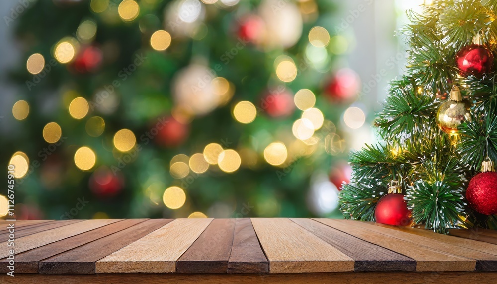 Empty Wooden Table with Christmas Tree in Bokeh Background A Festive Scene Capturing the Spirit of the Holidays and the Warmth of Family Gatherings in a Cozy Atmosphere Empty Wooden Table with Christmas Tree in Bokeh Background A Festive Scene Capturing the Spirit of the Holidays and the Warmth of Family Gatherings in a Cozy Atmosphere