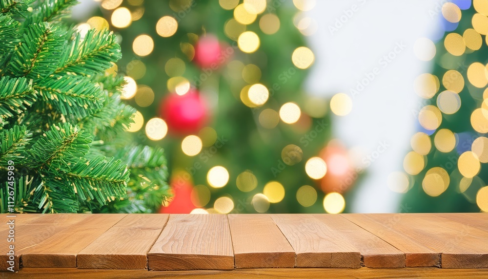 Cozy Empty Wooden Table Surrounded by a Festive Christmas Tree with Bokeh Lights in the Background, Perfect for Holiday Gatherings and Seasonal Decor Inspiration Cozy Empty Wooden Table Surrounded by a Festive Christmas Tree with Bokeh Lights in the Background, Perfect for Holiday Gatherings and Seasonal Decor Inspiration